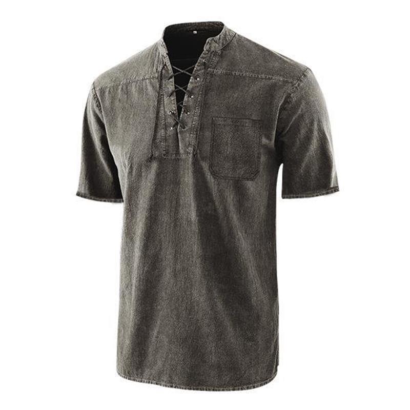 🌸Spring sale: 50% off👕Men Gothic Retro T-Shirt, Lace-up V-neck, Linen Pocket