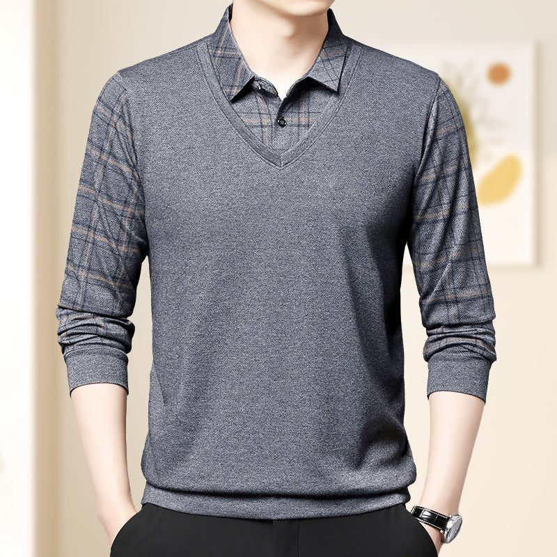 Men's Faux Two Piece Lapel Long-Sleeve Tops👔