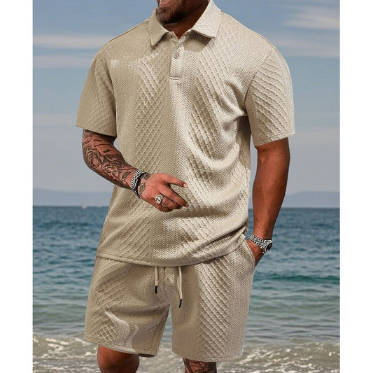 🌞Summer Sale 50% OFF🔥Men’s Diamond Pattern Turn-Down Collar Short Sleeve Top & Drawstring Shorts 2-Piece Set