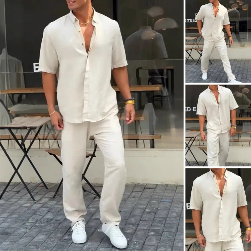 Men’s Solid Lapel Short-Sleeve Tops & Pants 2-Piece Set👔