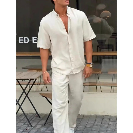 Men’s Solid Lapel Short-Sleeve Tops & Pants 2-Piece Set👔