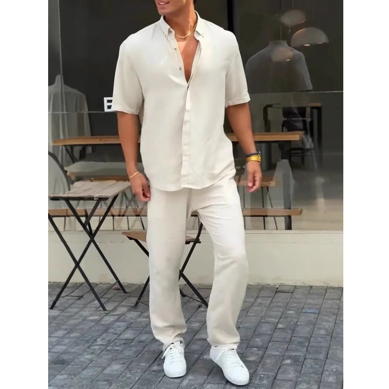 Men’s Solid Lapel Short-Sleeve Tops & Pants 2-Piece Set👔