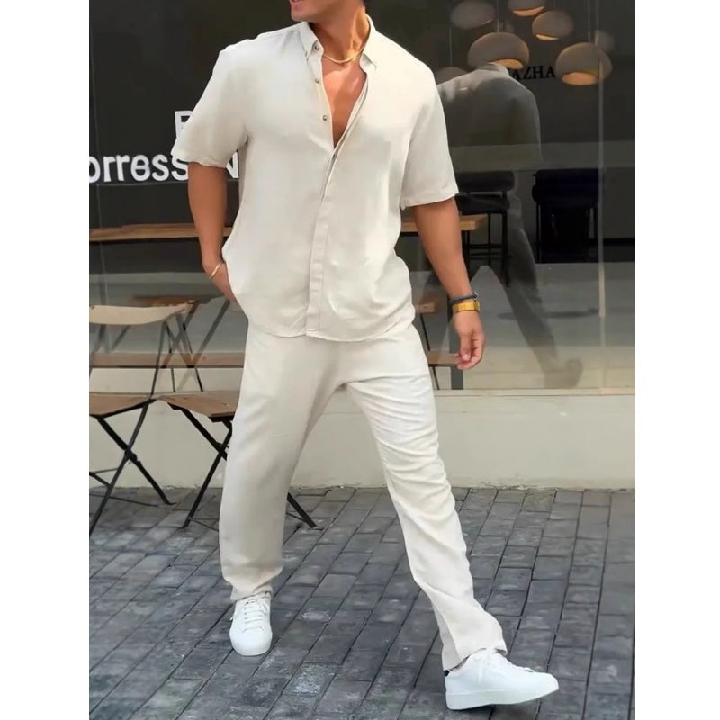 Men’s Solid Lapel Short-Sleeve Tops & Pants 2-Piece Set👔