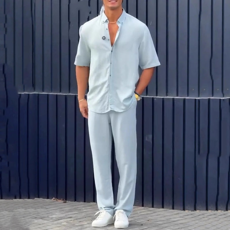 Men’s Solid Lapel Short-Sleeve Tops & Pants 2-Piece Set👔