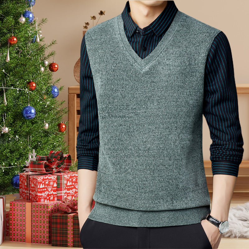 Men's Faux Plush Shirt&Sweater Fake 2-piece Top