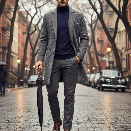 Men's Warm Plaid Lapel Fitted Trench Coat