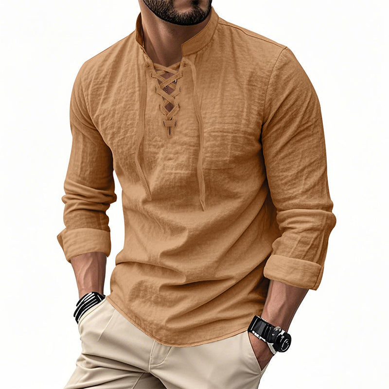 ๐ 50% OFF! ๐ Men's Casual Solid Color Shirt โ Lace-Up Neck, Modern Stand Collar & Breathable Cotton Blend ๐