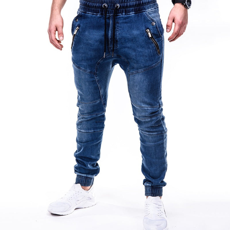 Men's Slim-Fit Denim Joggers with Zipper Pockets