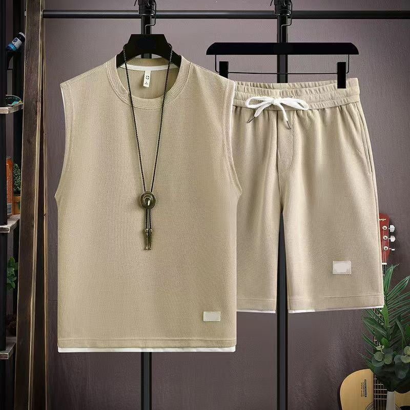 ✨ Men’s Minimalist Tank & Shorts Set – Waffle Knit, Drawstring Waist, Coordinated 🌿