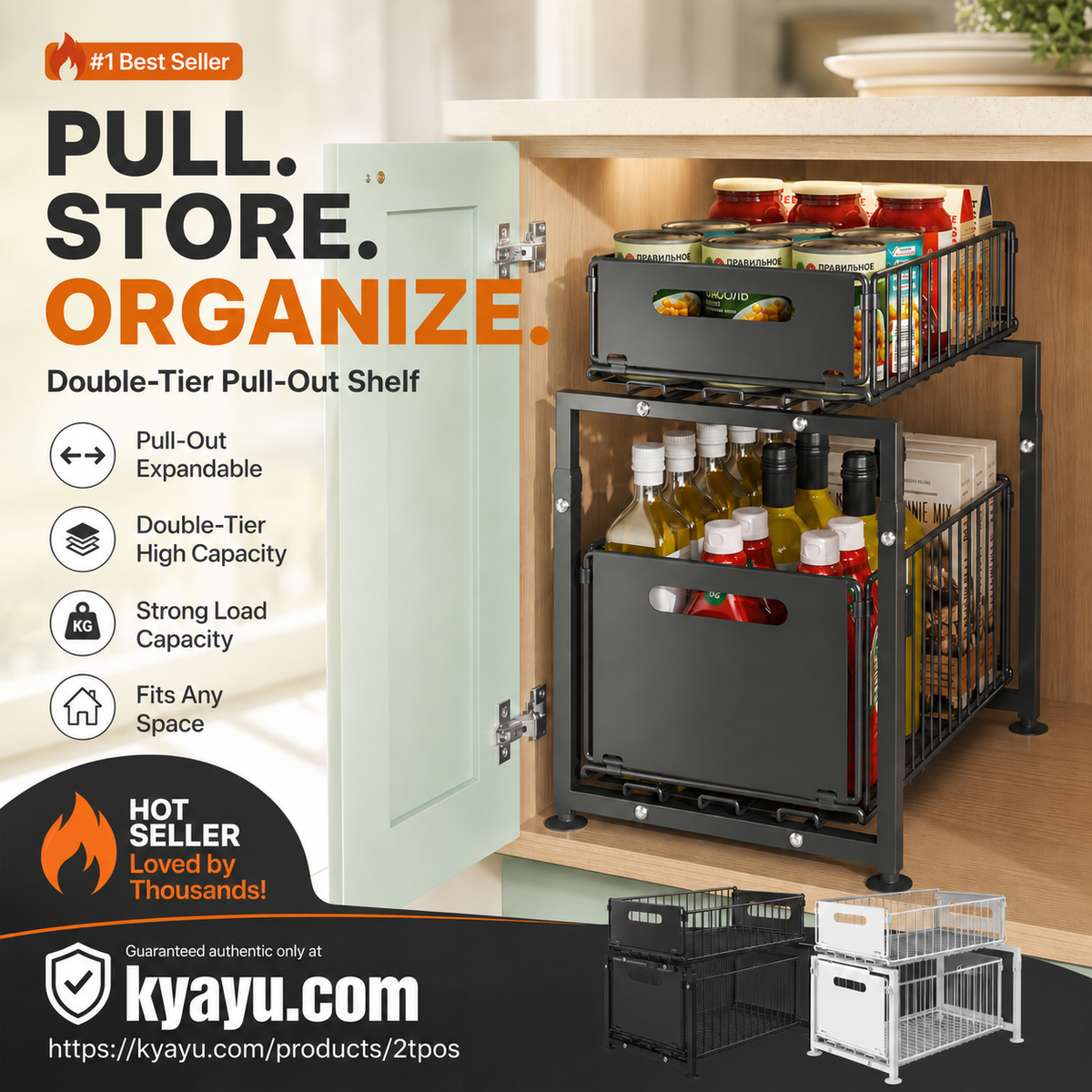 📦 2-Tier Pull-Out Shelf – Expandable Under Sink Organizer, Double Layer Sliding Storage Rack ✨