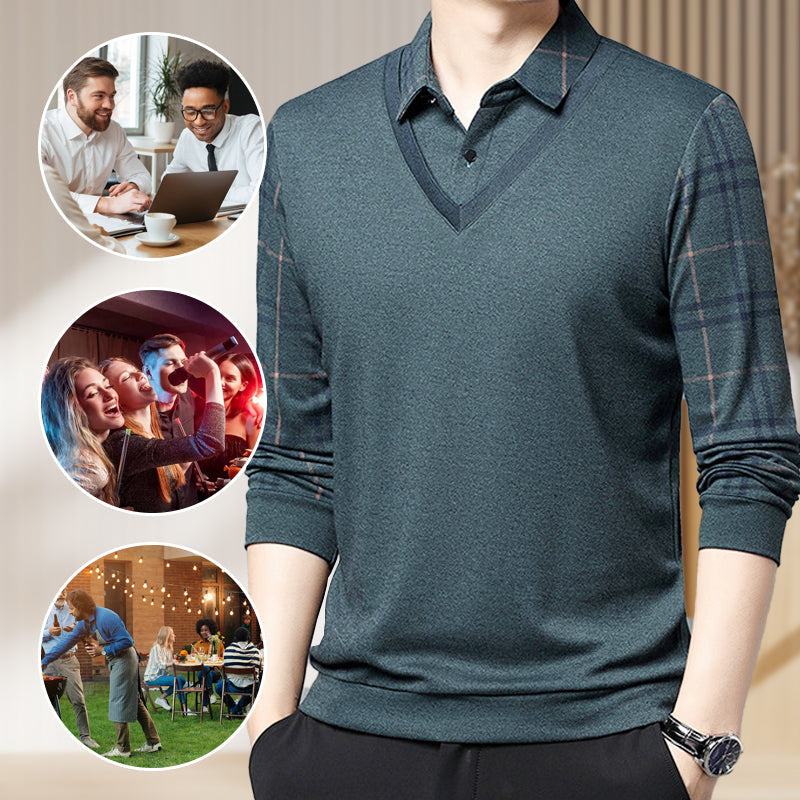 Men's Faux Two Piece Lapel Long-Sleeve Tops👔