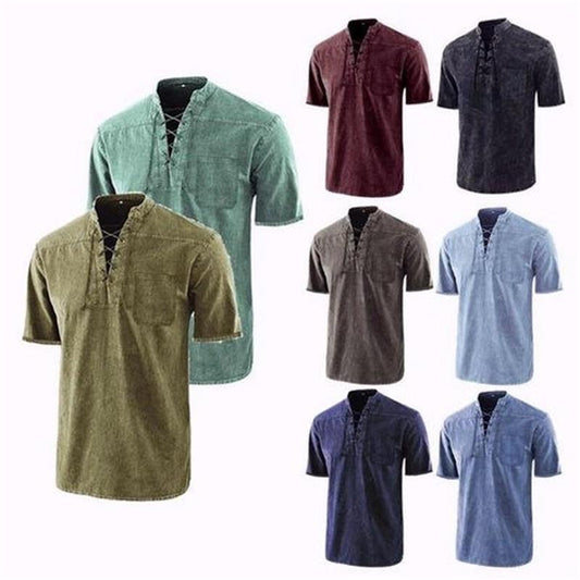🌸Spring sale: 50% off👕Men Gothic Retro T-Shirt, Lace-up V-neck, Linen Pocket