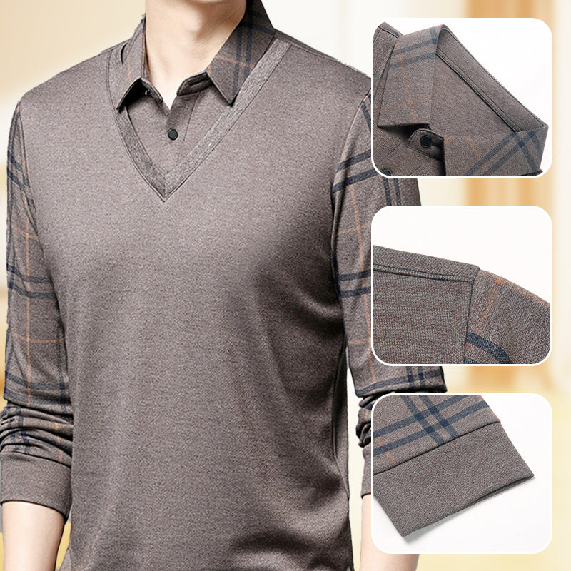 Men's Faux Two Piece Lapel Long-Sleeve Tops👔