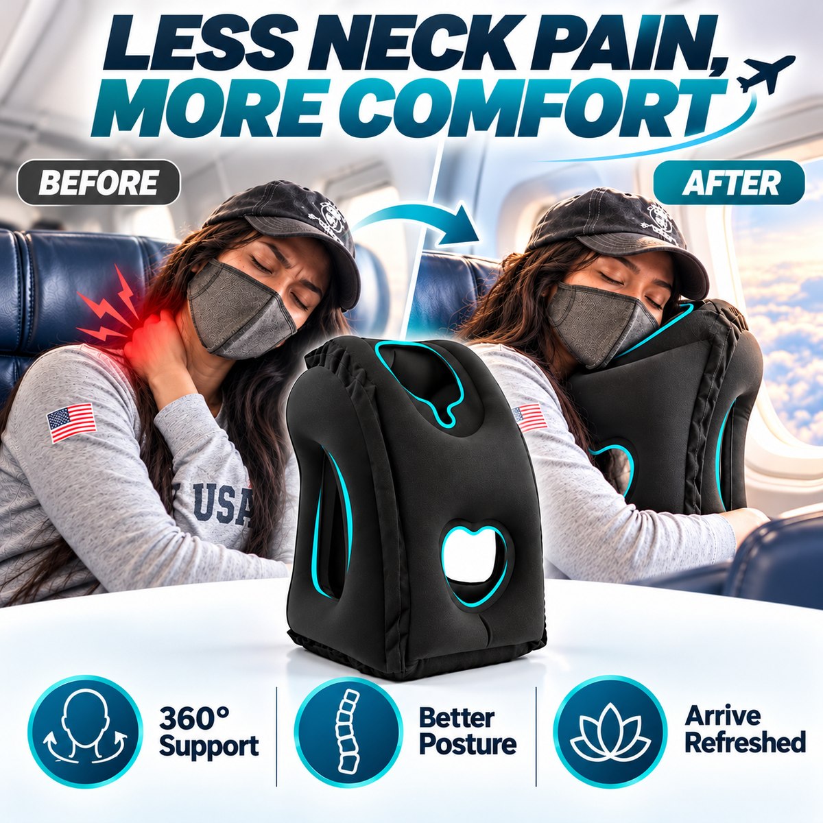 ✈️ Inflatable Ergonomic Hollow-Cutout Travel Pillow – PVC Flocking, Quick Inflate, With Storage Bag ✨