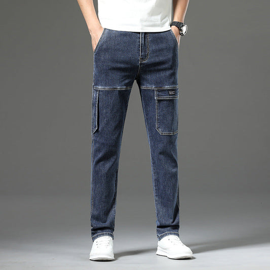 Men's Stretch Straight Leg Vintage Jeans with Multiple Pockets