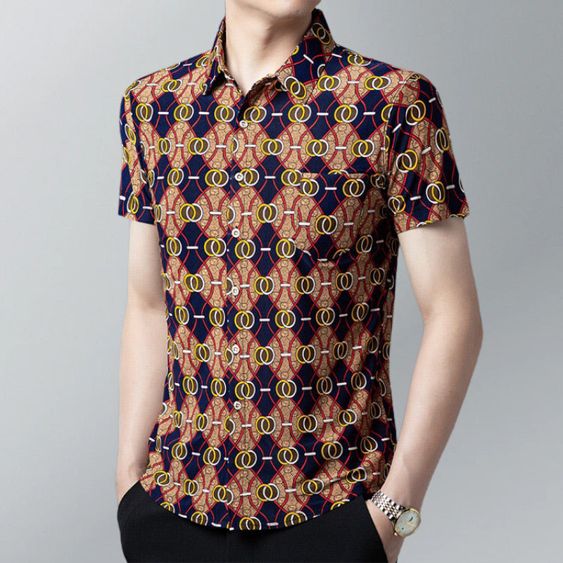 Men’s Fashion Printed Lapel Short Sleeve Shirt