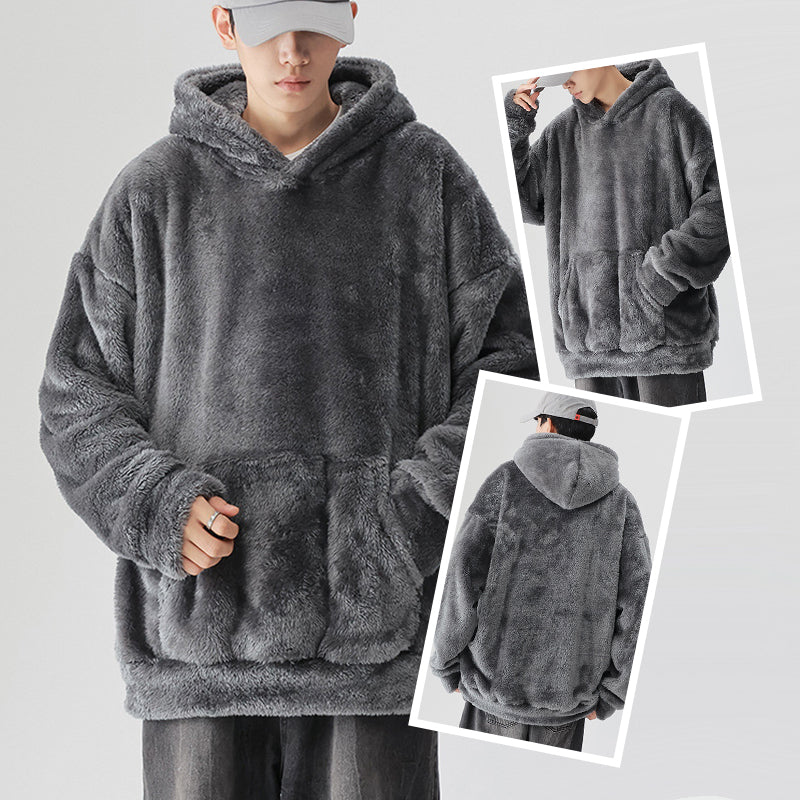 Men's Solid Color Thickened Loose Fuzzy Hooded Sweatshirt