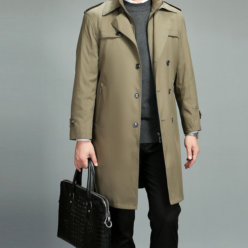 Men's Casual Zippered Lapel Trench Coat with Detachable Liner