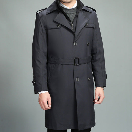 Men's Casual Zippered Lapel Trench Coat with Detachable Liner