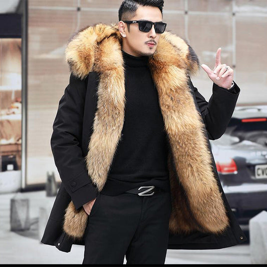 Men's Mid-Length Jacket with Removable Synthetic Fur