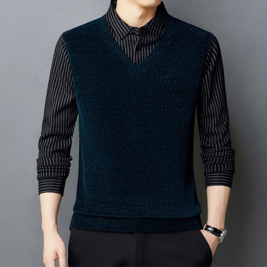 Men's Faux Plush Shirt&Sweater Fake 2-piece Top