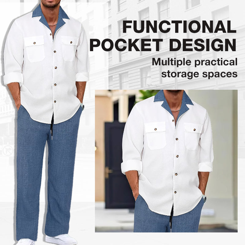 Men's Casual Lapel Long Sleeve Shirts ＆ Pants 2-Piece Set