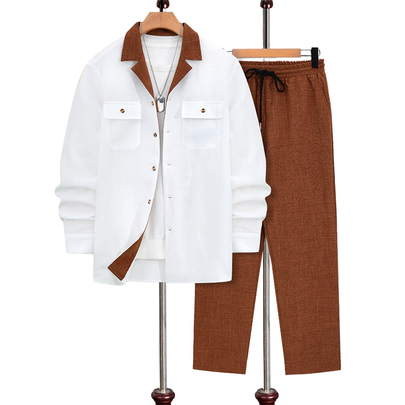 Men's Casual Lapel Long Sleeve Shirts ＆ Pants 2-Piece Set
