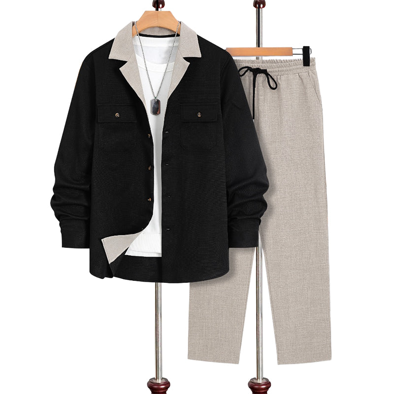Men's Casual Lapel Long Sleeve Shirts ＆ Pants 2-Piece Set