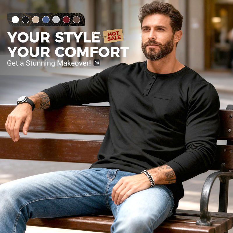 💎 50% OFF! 💎 Men’s Slim Fit Henley Long Sleeve T-Shirt – Breathable, Refined & Perfect for Layering 👔👕