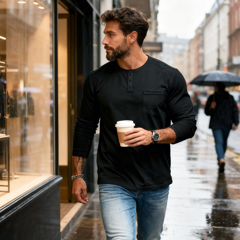 💎 50% OFF! 💎 Men’s Slim Fit Henley Long Sleeve T-Shirt – Breathable, Refined & Perfect for Layering 👔👕