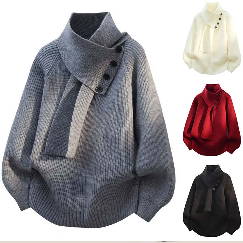 Unisex Casual Ribbed Sweater with Detachable Scarf