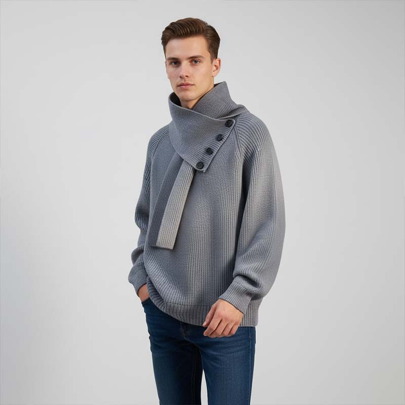 Unisex Casual Ribbed Sweater with Detachable Scarf