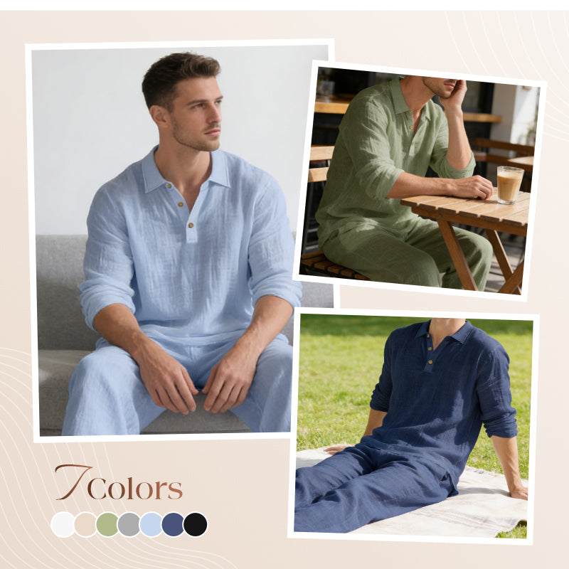 💎 -50% ON MEN'S LINEN BLEND SET! 💎 Breathable 2-Piece Collared Shirt & Pants for Summer Relaxation
