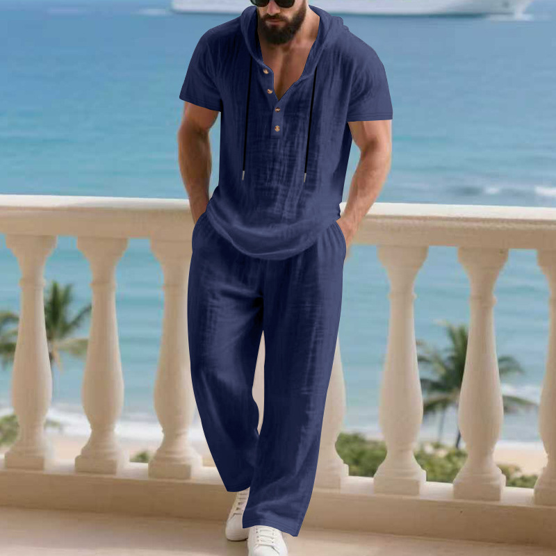 Men's 2-Piece Linen Set Hooded Henley Shirt & Pants