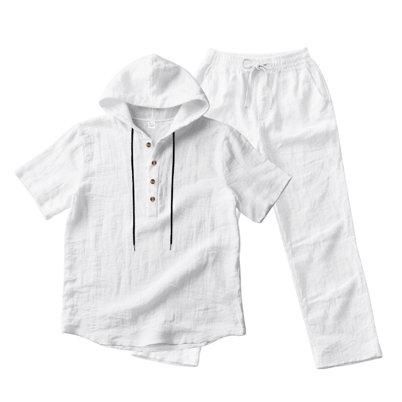 Men's 2-Piece Linen Set Hooded Henley Shirt & Pants