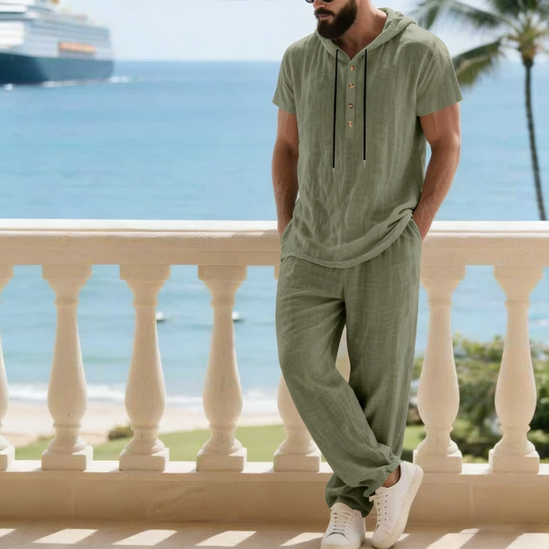 Men's 2-Piece Linen Set Hooded Henley Shirt & Pants