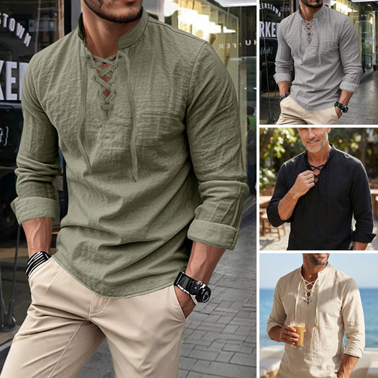 💎 50% OFF! 💎 Men's Casual Solid Color Shirt – Lace-Up Neck, Modern Stand Collar & Breathable Cotton Blend 👔