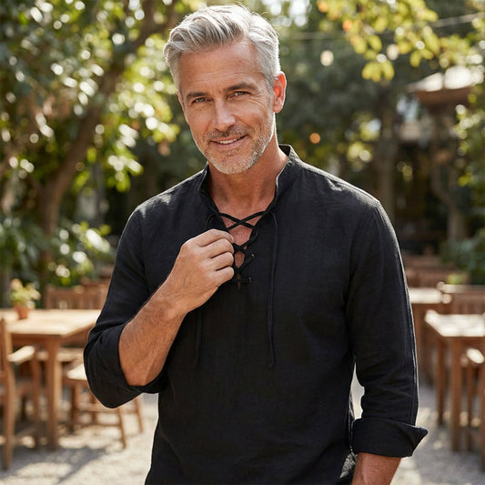 💎 50% OFF! 💎 Men's Casual Solid Color Shirt – Lace-Up Neck, Modern Stand Collar & Breathable Cotton Blend 👔