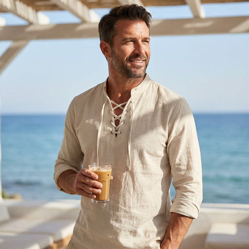 💎 50% OFF! 💎 Men's Casual Solid Color Shirt – Lace-Up Neck, Modern Stand Collar & Breathable Cotton Blend 👔