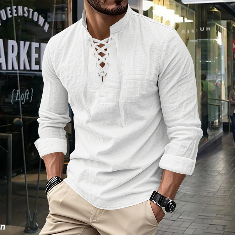 💎 50% OFF! 💎 Men's Casual Solid Color Shirt – Lace-Up Neck, Modern Stand Collar & Breathable Cotton Blend 👔