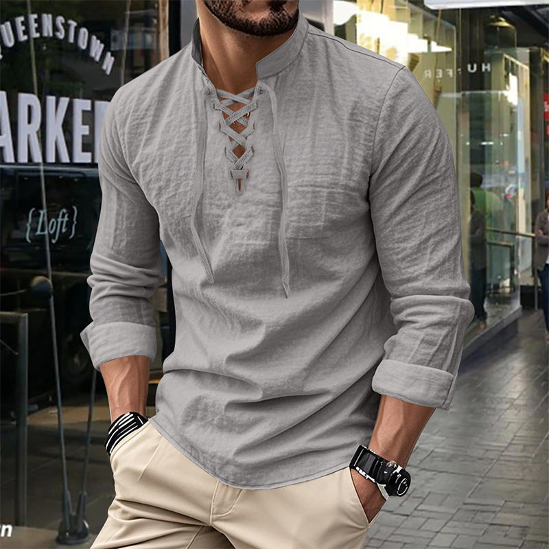 💎 50% OFF! 💎 Men's Casual Solid Color Shirt – Lace-Up Neck, Modern Stand Collar & Breathable Cotton Blend 👔