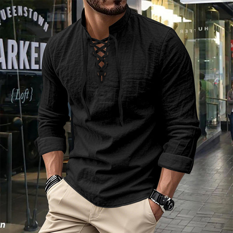 💎 50% OFF! 💎 Men's Casual Solid Color Shirt – Lace-Up Neck, Modern Stand Collar & Breathable Cotton Blend 👔