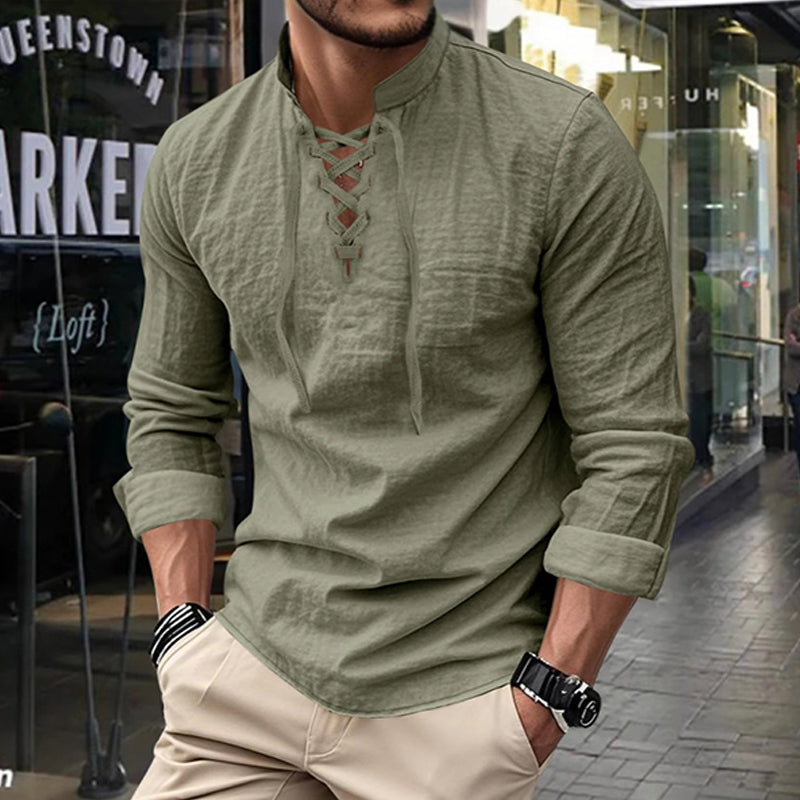💎 50% OFF! 💎 Men's Casual Solid Color Shirt – Lace-Up Neck, Modern Stand Collar & Breathable Cotton Blend 👔