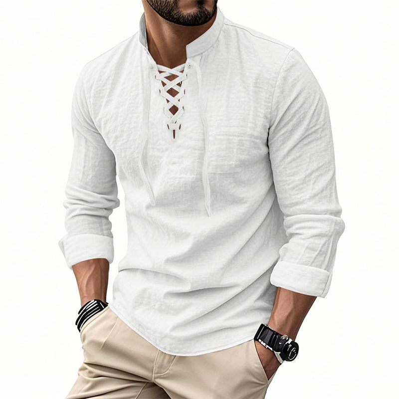 💎 50% OFF! 💎 Men's Casual Solid Color Shirt – Lace-Up Neck, Modern Stand Collar & Breathable Cotton Blend 👔