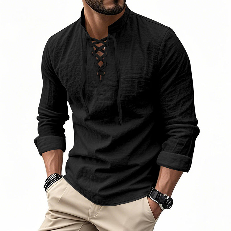 💎 50% OFF! 💎 Men's Casual Solid Color Shirt – Lace-Up Neck, Modern Stand Collar & Breathable Cotton Blend 👔
