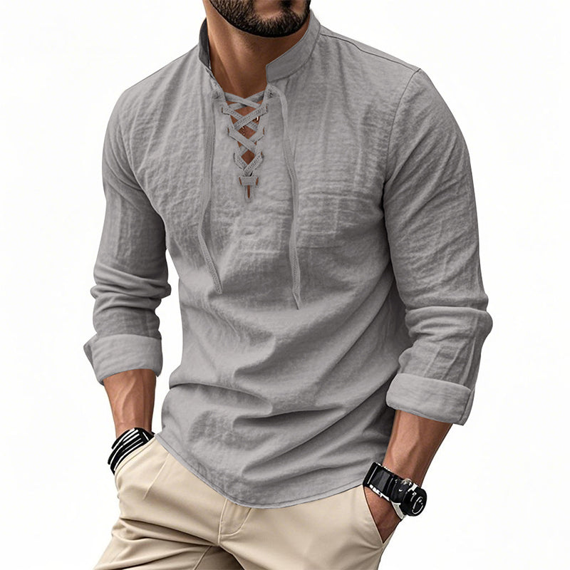 💎 50% OFF! 💎 Men's Casual Solid Color Shirt – Lace-Up Neck, Modern Stand Collar & Breathable Cotton Blend 👔