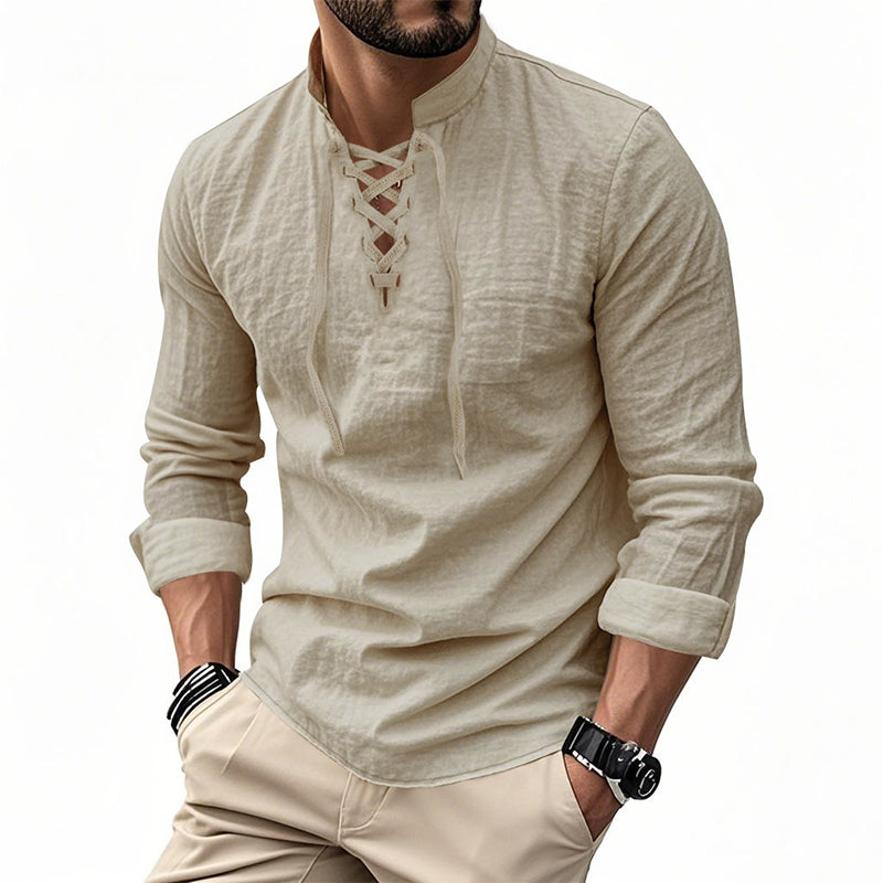 💎 50% OFF! 💎 Men's Casual Solid Color Shirt – Lace-Up Neck, Modern Stand Collar & Breathable Cotton Blend 👔