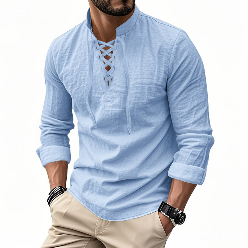 💎 50% OFF! 💎 Men's Casual Solid Color Shirt – Lace-Up Neck, Modern Stand Collar & Breathable Cotton Blend 👔