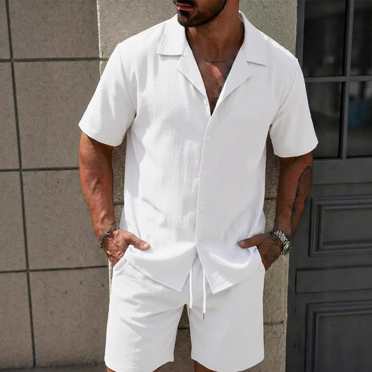 Men's Casual Solid Color Top & Drawstring Shorts Set