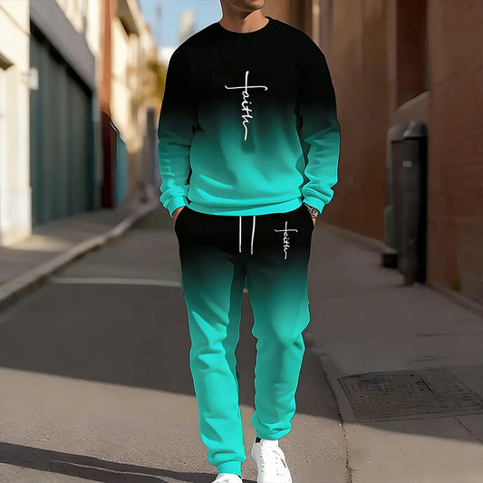 Men's Gradient Color Crewneck Tracksuit Set